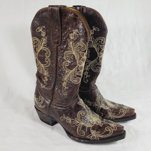 Cavender's Shoes - Cavender's Women's Cowboy Boots Size 9 Embroidered Studded Dark Brown Leather